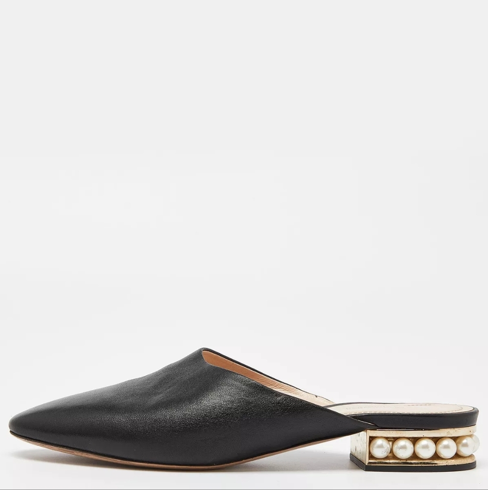 Nicholas Kirkwood Black Leather Casati Pearl Embellished Flat Mules